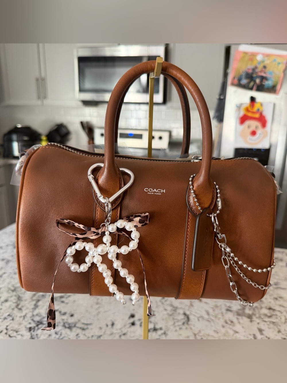 COACH Compass 25 Brown Leather Satchel with Pearl Charm and Chain Accents